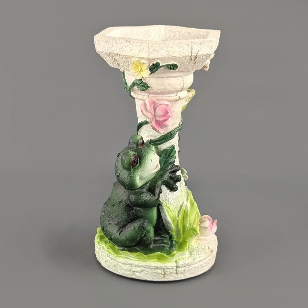 Vintage Frog and Rose Resin Pedestal Candle Holder Garden Decor 8.5 Inch